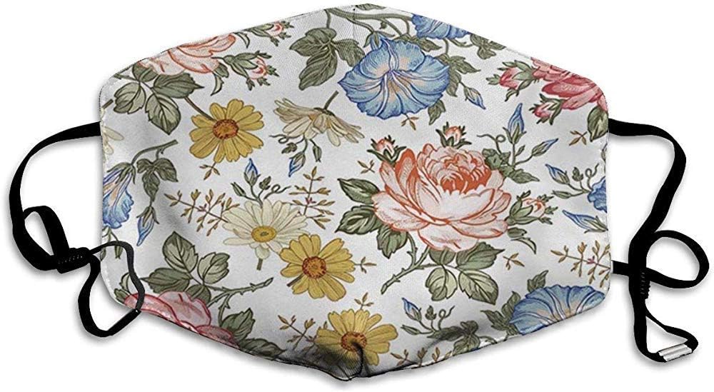 Elaine-Shop Anti Pollution Dust Face Mouth Mask Floral Beautiful Chamomile Rose Petunia Wildflowers Print C