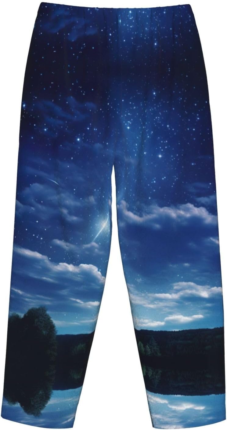 Night Sky Print Cozy Flannel Pajama Pants For Women,Warm Christmas Pj Pants,Cute Fleece Pajamas