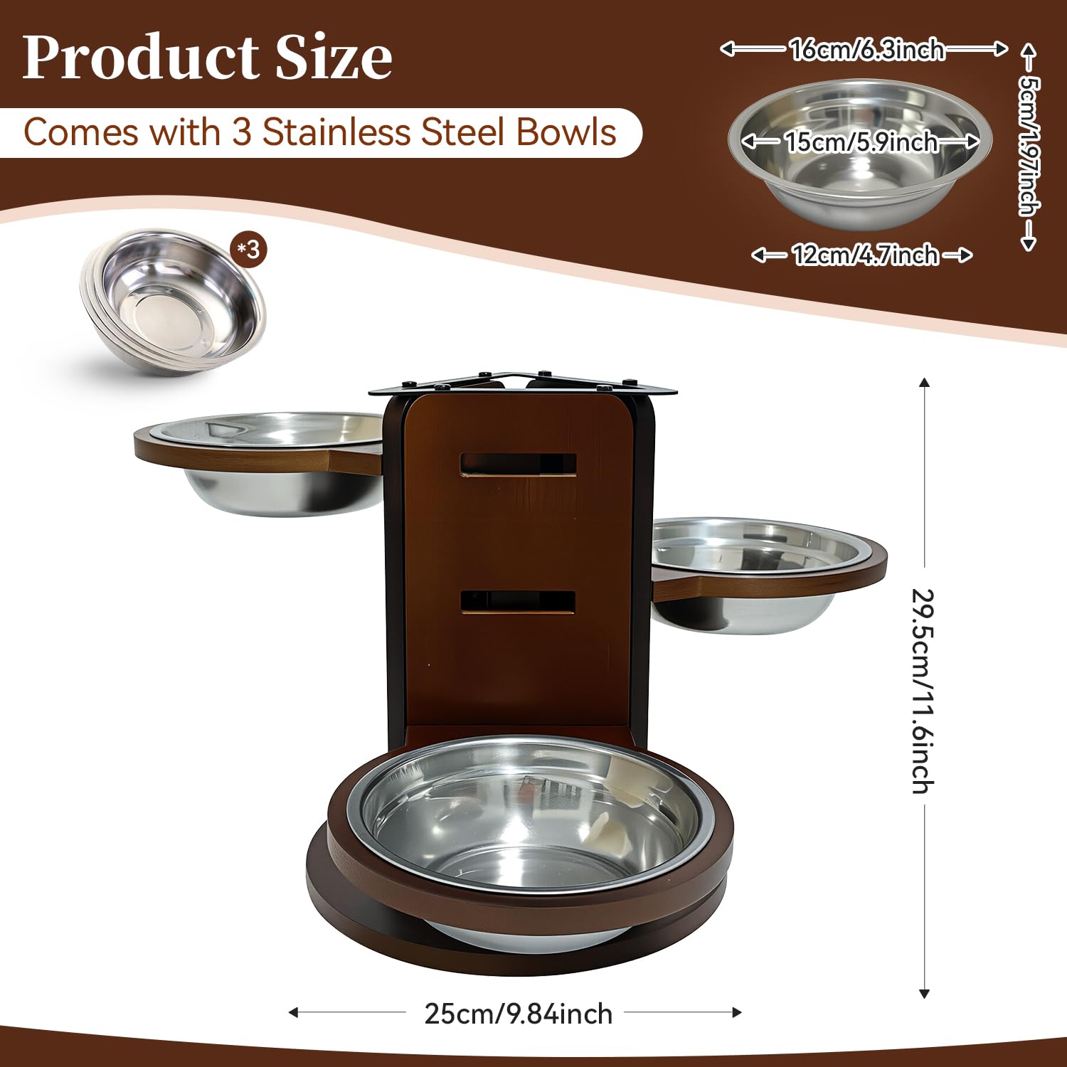 Lot de 3 Gamelles Surélevées pour Chien, Réglables sur 3 Niveaux (9,2-23,5 cm), Support en Bambou sur 3 Côtés, 3 Gamelles en Acier INOX de 650 ML, Fond Antidérapant de 25 cm, pour Plupart des Chiens