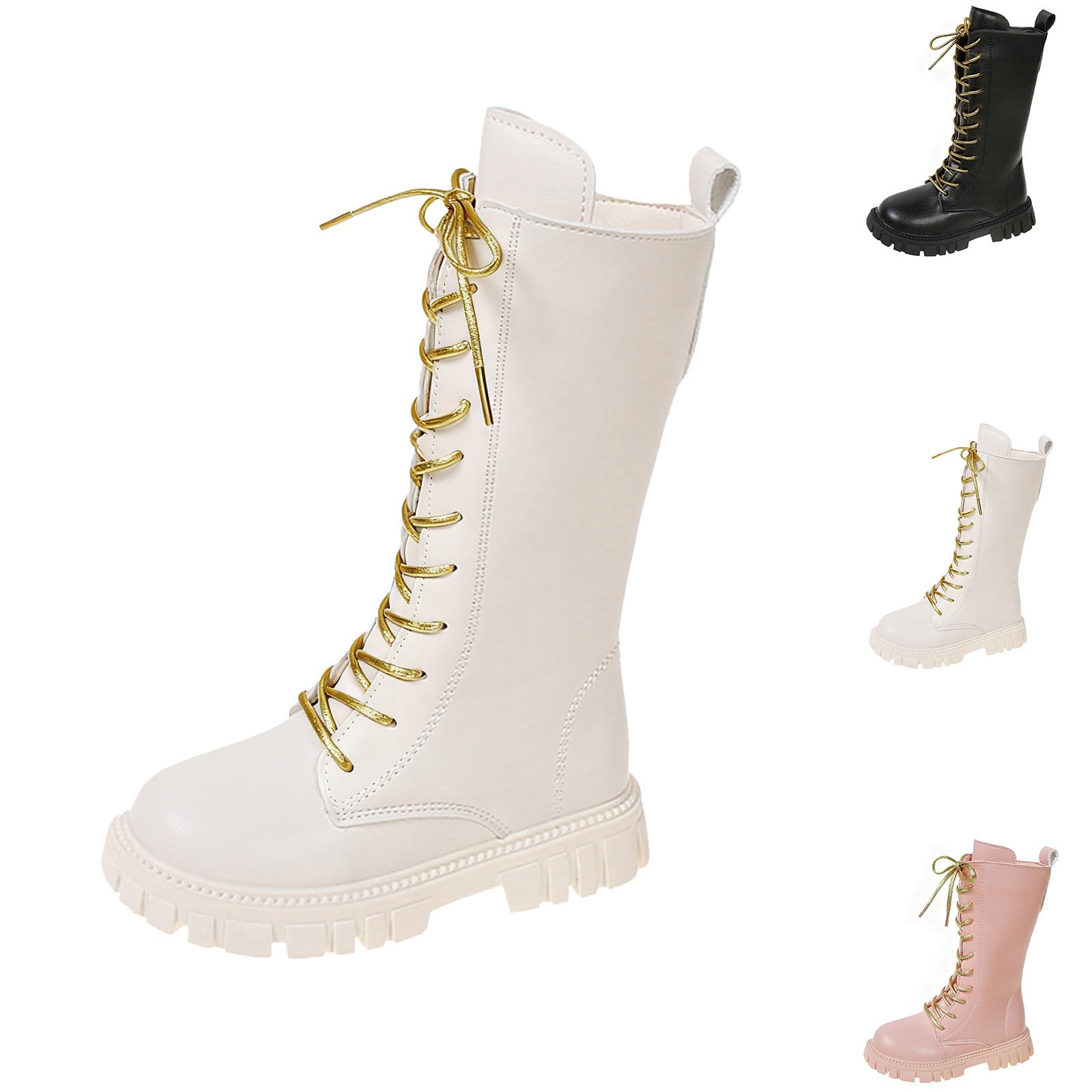 Bottes Et Bottines Enfant Fille, Botte Blanche Cowboy Enfant Chaussures Montantes Cuir Éclair Latérale Avec Lacets Semelle Caoutchouc Antidérapante Bout Rond Pour École Loisirs Quotidien Automne