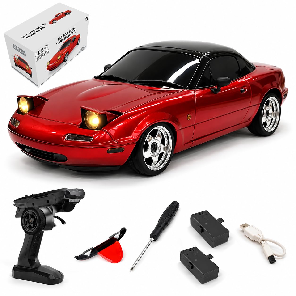 SpedUpX LDRC 1804 RC Drift Car - 1/18 RTR Mini MX-5 RWD 2.4GHz Full Proportional Control Racing Sport Car with Gyro LED Light for Adults Hobbyists(Red/2 Battry)