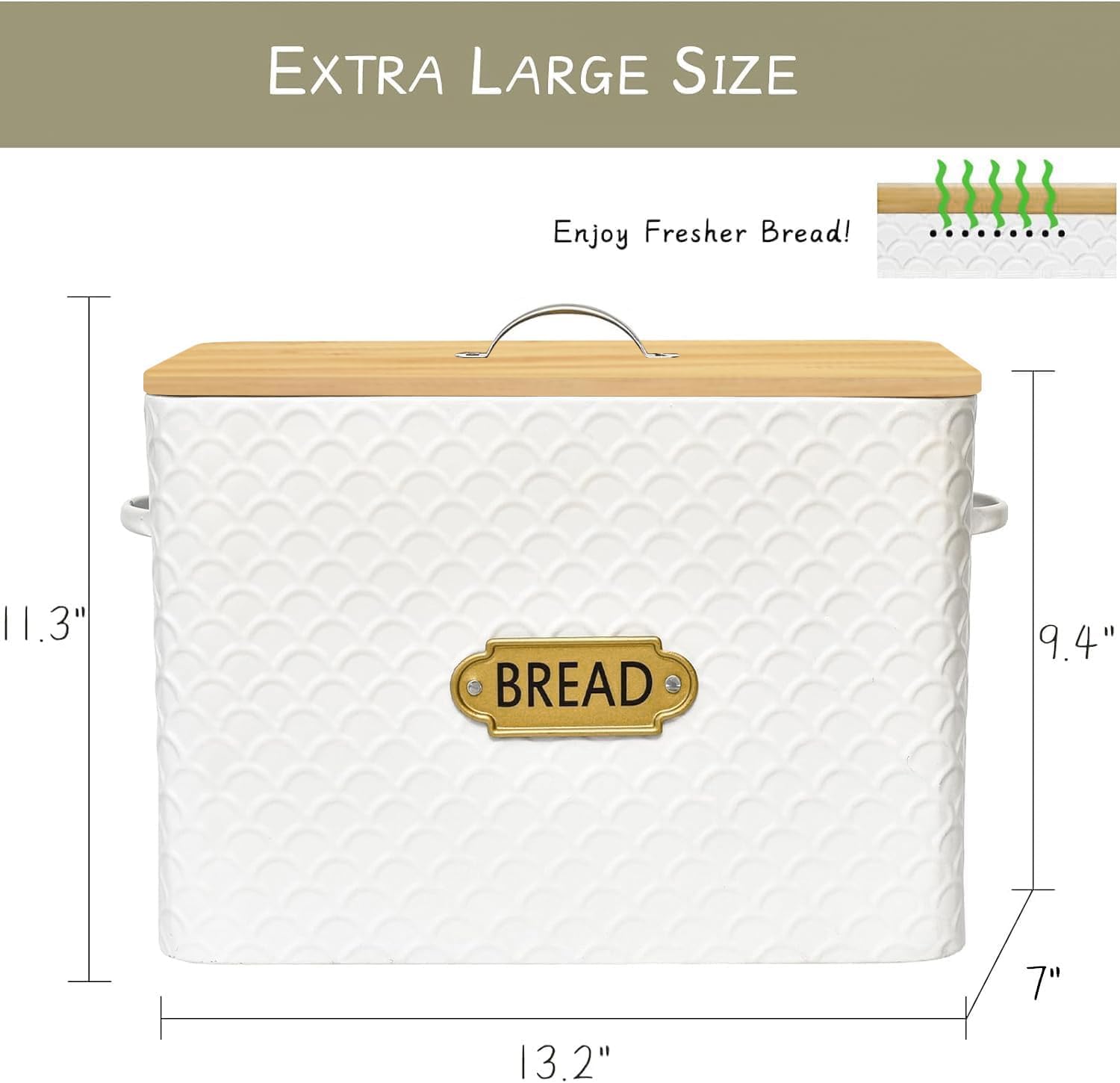 Extra Large Space Saving Farmhouse Bread Box With Wood Lid - Holds 2 Loaves - Vertical Breadbox Bread Storage Bin Holder for Kitchen Countertop, White