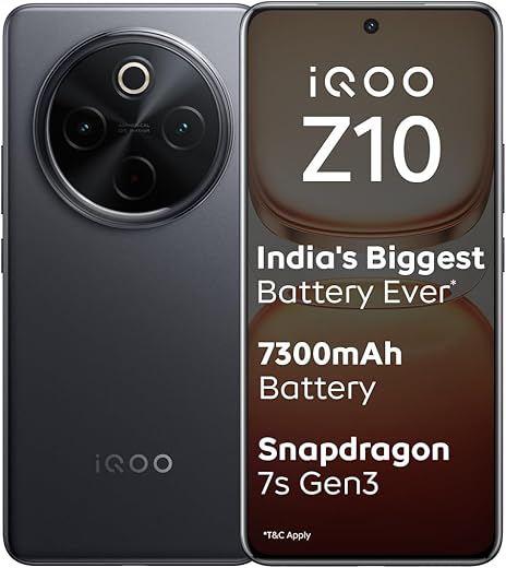 iQOO Z10 5G (Stellar Black, 8GB RAM, 256GB Storage) | India’s Biggest Ever 7300 mAh Battery | Snapdragon 7s Gen 3 Processor | Brightest Quad Curved…