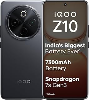 iQOO Z10 5G (Stellar Black, 8GB RAM, 128GB Storage) | India's Biggest Ever 7300 mAh Battery | Snapdragon 7s Gen 3 Processor | Brightest Quad Curved AMOLED Display in the Segment