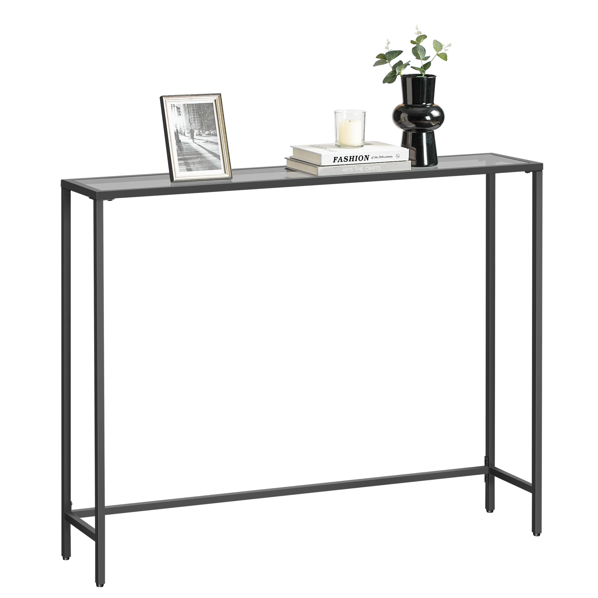 VASAGLE Consolle Ingresso, Tavolo Consolle, Piano in Vetro Temperato, Telaio Robusto e Stabile, Piedini Regolabili, per Soggiorno, Corridoio, Nero Inchiostro e Grigio Ardesia LGT132B01