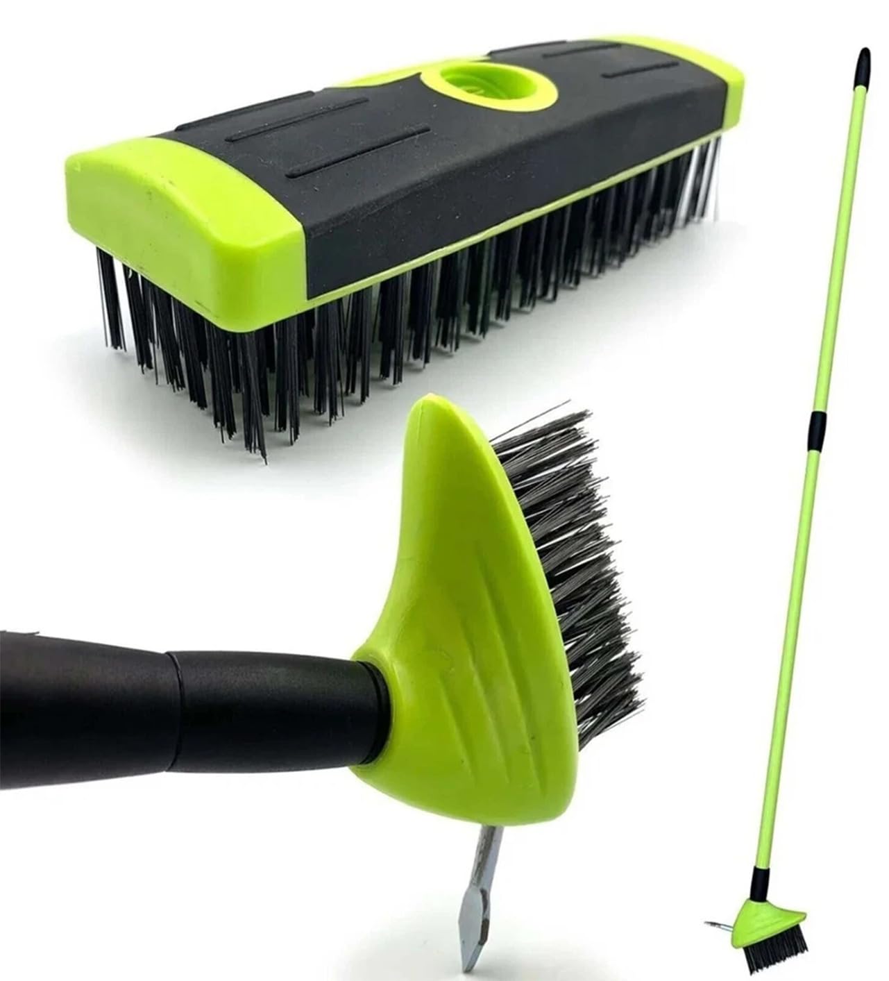 Premzo Green/Black Garden Patio Weed Remover Tool Weed Brush, 3 In 1 Telescopic Extendable Handle, Wire Broom & Scraper, Patios Paving Brush, Outdoor Moss Algae Cleaning And Driveway ()