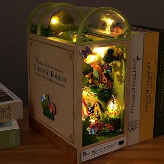 DIY Book Nook Kit, 3D Wooden Puzzle Firefly Forest Bookend Decor with Furniture and LED Light, DIY Miniature Houses Kit, Educational Dollhouse Model Building Kits for Kids Adults (15.9 x 9.2 x 22.5CM)