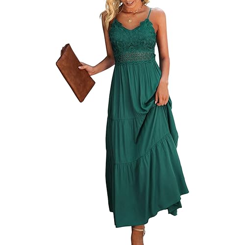 Dokuritu Women's Beach Crochet Lace Maxi Dress Solid Color Summer Vacation Spaghetti Strap Long Dress 2024