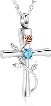 shajwo Cross Urn Necklace for Ashes Birthstone Rose Flower Cremation Jewelry for Women Gilrs Keepsake Memorial Ashes Pendant