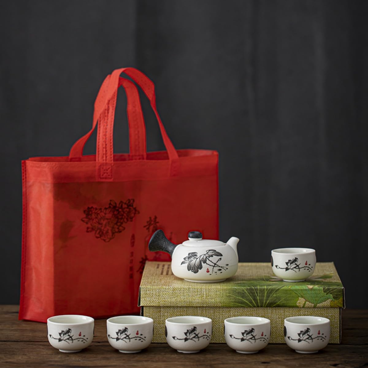 Webao Theeservies Chinese theeset van keramiek, 600 ml theepot en 6 kopjes 120 ml Kungfu theeservices, ovenveranderd glazuur Aziatische theepot voor theeliefhebbers, groen