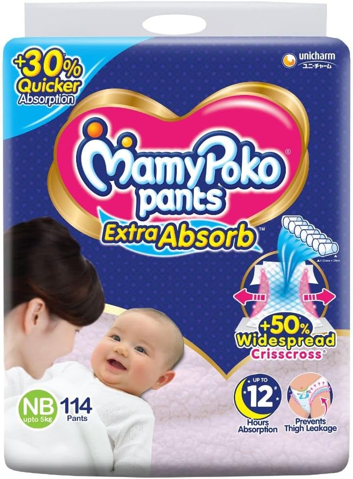 MamyPoko Pants Extra Absorb Baby Diapers, Newborn/X-Small (NB/XS), 17 Count, Upto 5kg