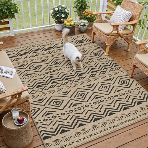 3x5 Easy Jute Outdoor Rug Black Boho Indoor Outdoor Area Rug Farmhouse Patio Doormat for Backyard, Patio, Porch，Easy-Cleaning, High Traffic, Pet-Fri