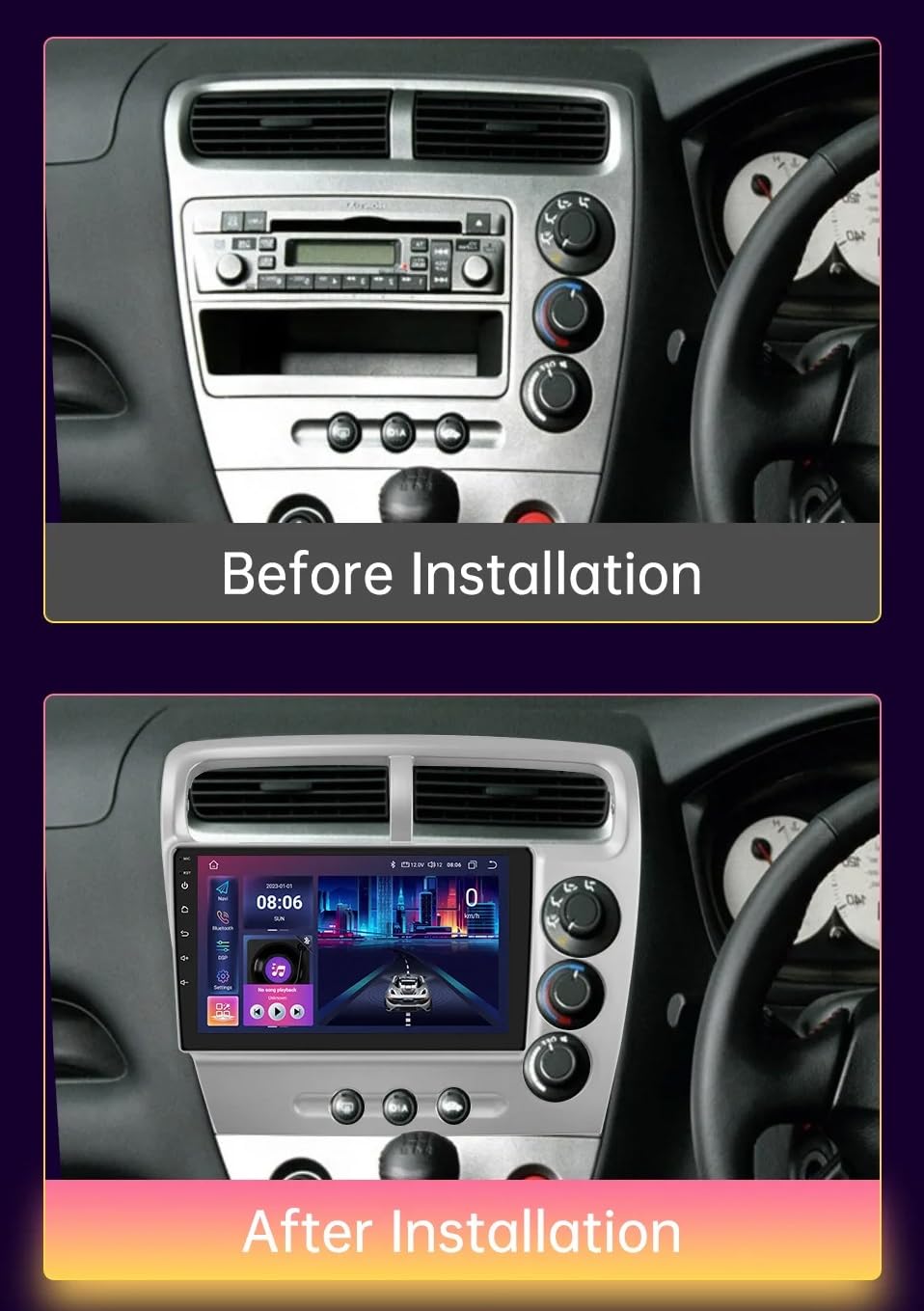 9" Android 15 Pantalla Táctil Radio 2 DIN Coche Pantalla para Honda Civic (EP3) 2000-2005 con Enlace Espejo/GPS/FM/BT/Ventilador de refrigeración/Reproductor Multimedia(2+32G)