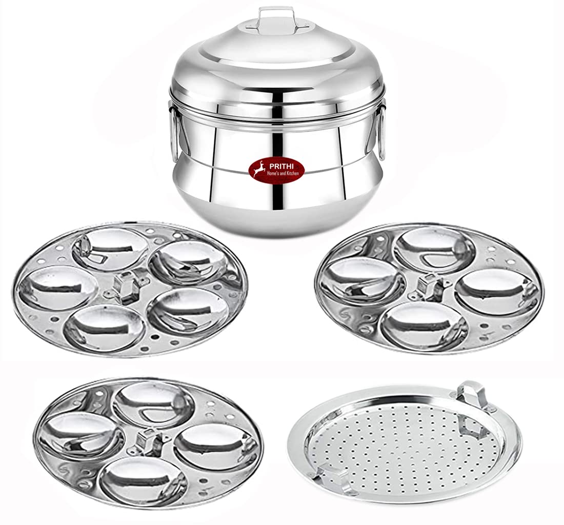 Prithi Home's and Kitchen 13 Idli +1 Steamer Plate/Idiyappam Plate Stainless Steel Induction Friendly Idli Cooker/Idli Maker/Idli Panai With Steamer Plate (13 Idli +1 Steamer Plate), 20 centimeters