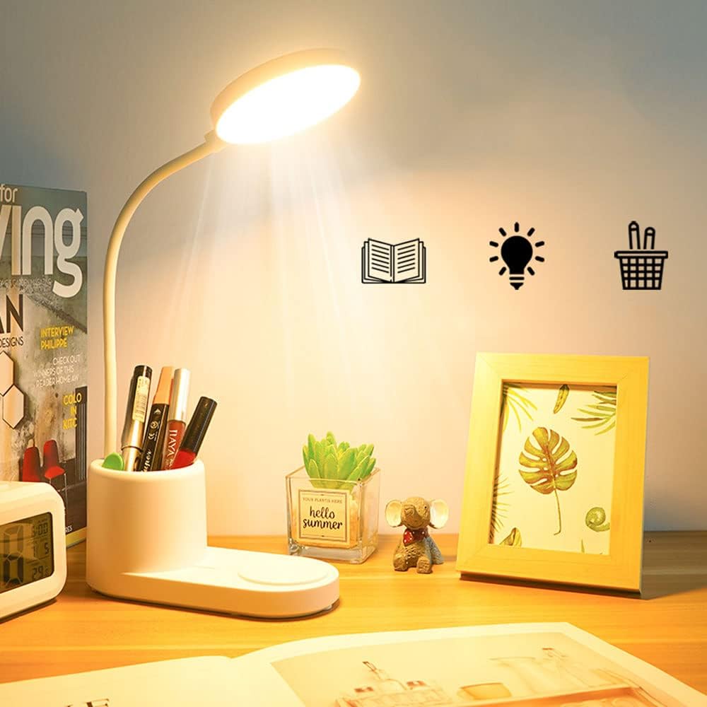 Battery Operated Desk Lamp Dimmable LED Rechargeable Desk Lamps, with Pen Holder Phone Stand Touch Control 360° Flexible Gooseneck Reading Lamp for Students - 3 Color 3 Brightness, White