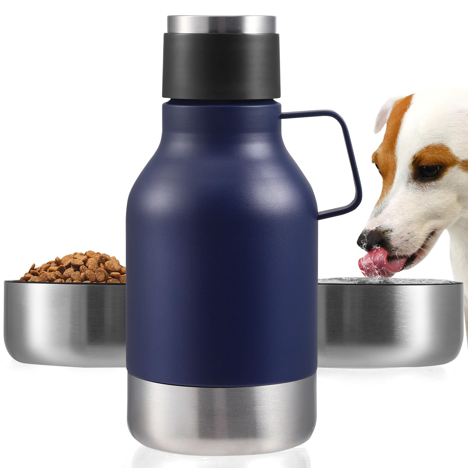 Portable Dog Travel Water Bottle, 40oz Premium Stainless Steel Pet Drinking Bottle with Food Bowl, For Outdoor, Travel, Walking, Hiking, Sturdy, Leak Proof