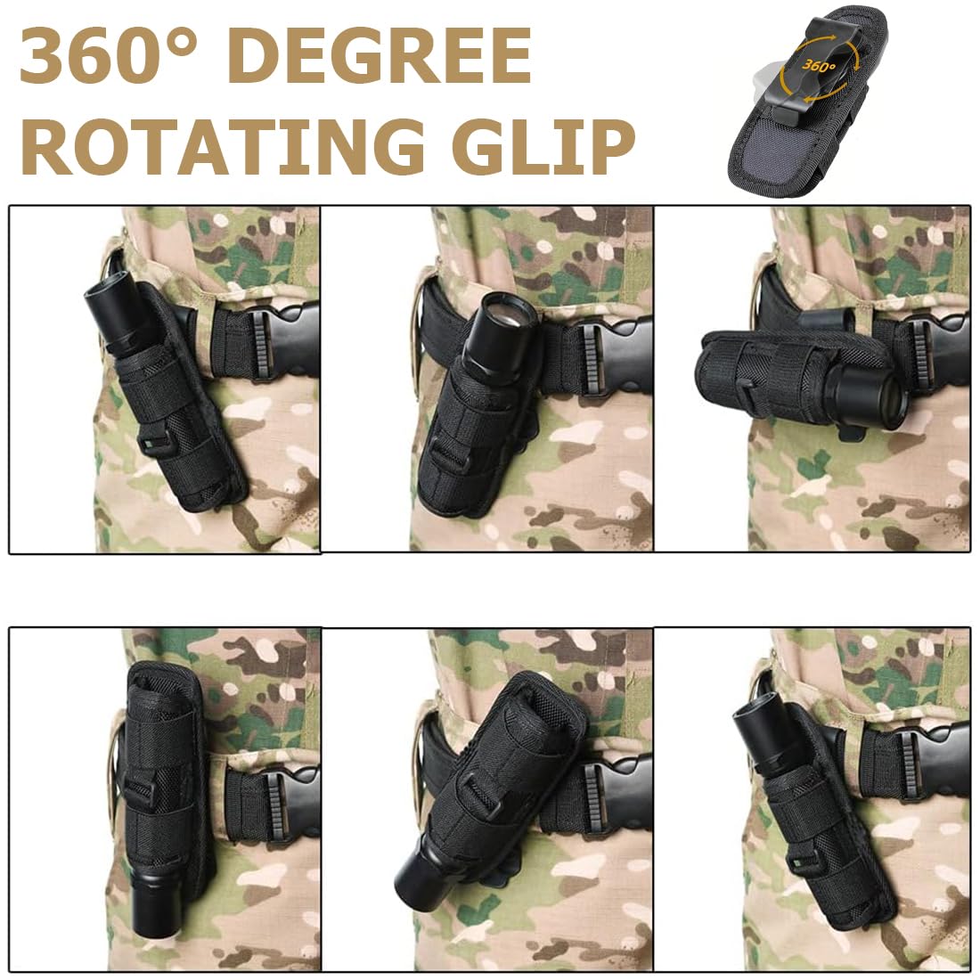 Porta torcia cinturone - Supporto per Torcia Elettrica - Fondina per torcia elettrica da cintura - Fondina elastica in nylon con clip da cintura girevole a 360 gradi (nera)