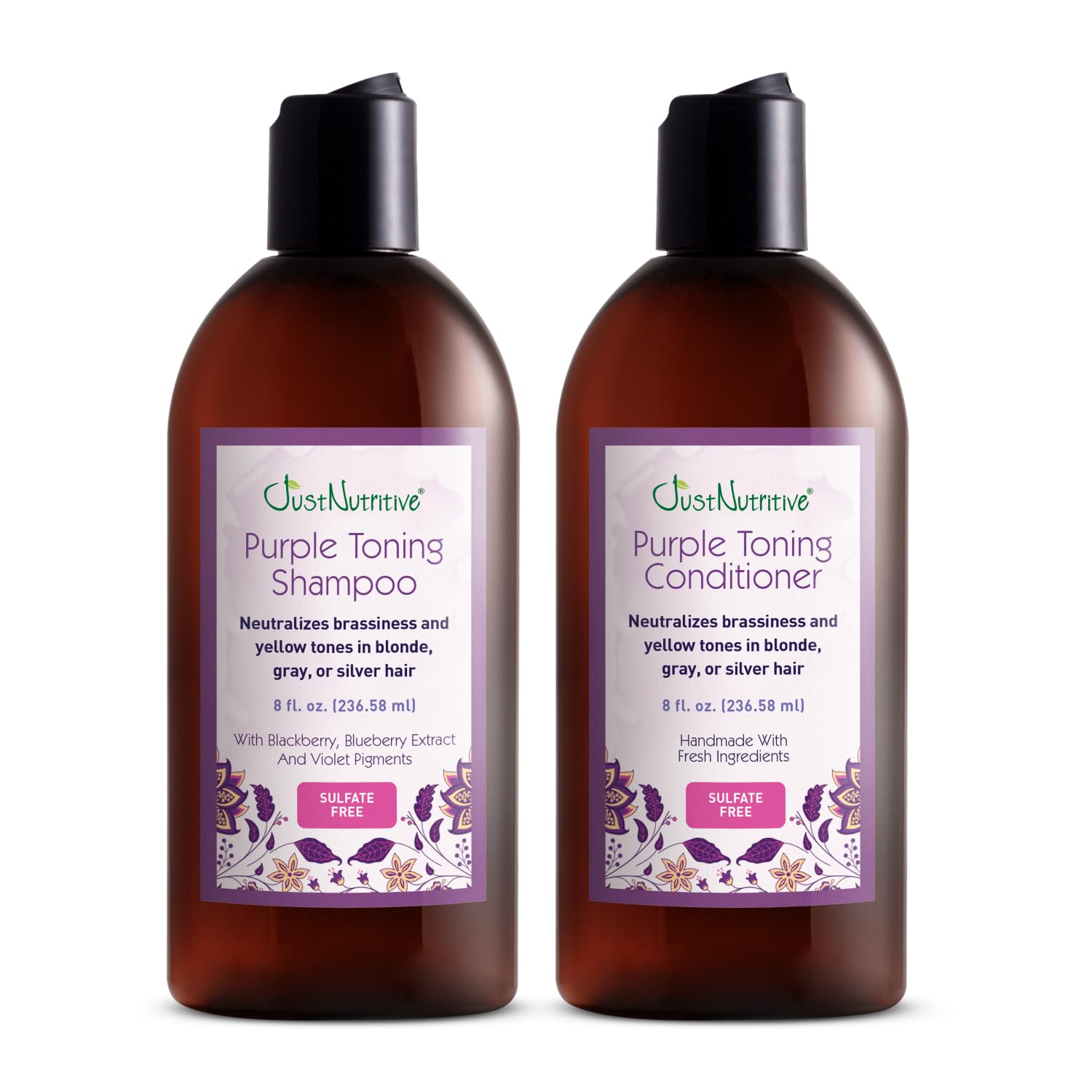 Just Nutritive Purple Toning Shampoo and Conditioner for Blonde, Gray, White, Silver, and Bleached Hair - Eliminate Brassiness, Boost Shine, Repair, Hydrate, Sulfate-Free, Paraben-Free - Pack 2-8oz.