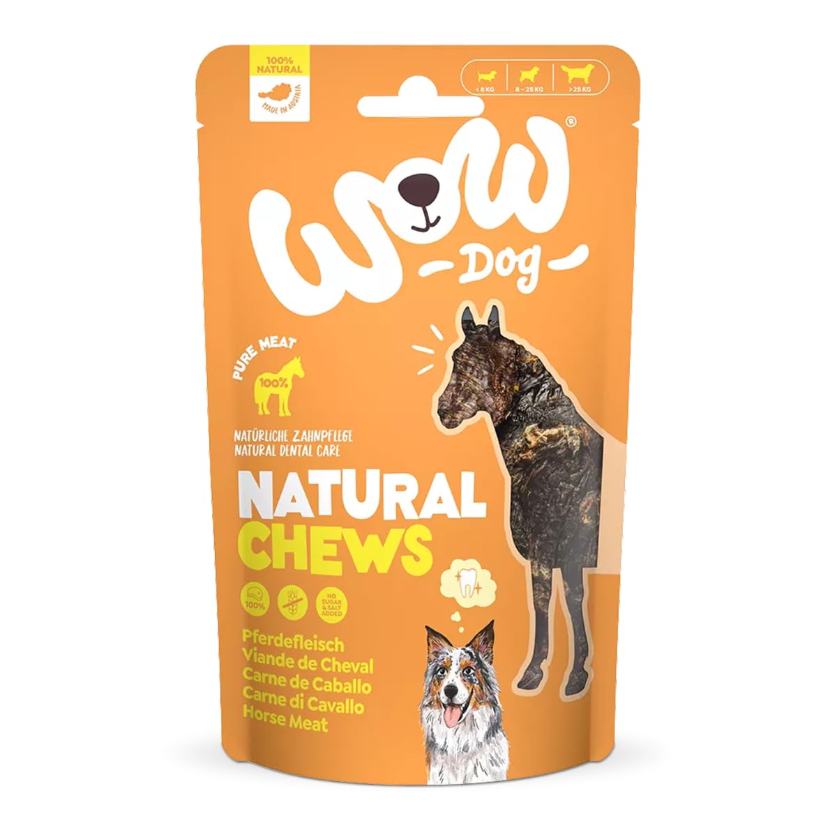 WOW Bocadillos masticables I 100 % carne de caballo seca (6 x 250 g) de proteína única para perros I Complemento alimenticio I Cuidado dental