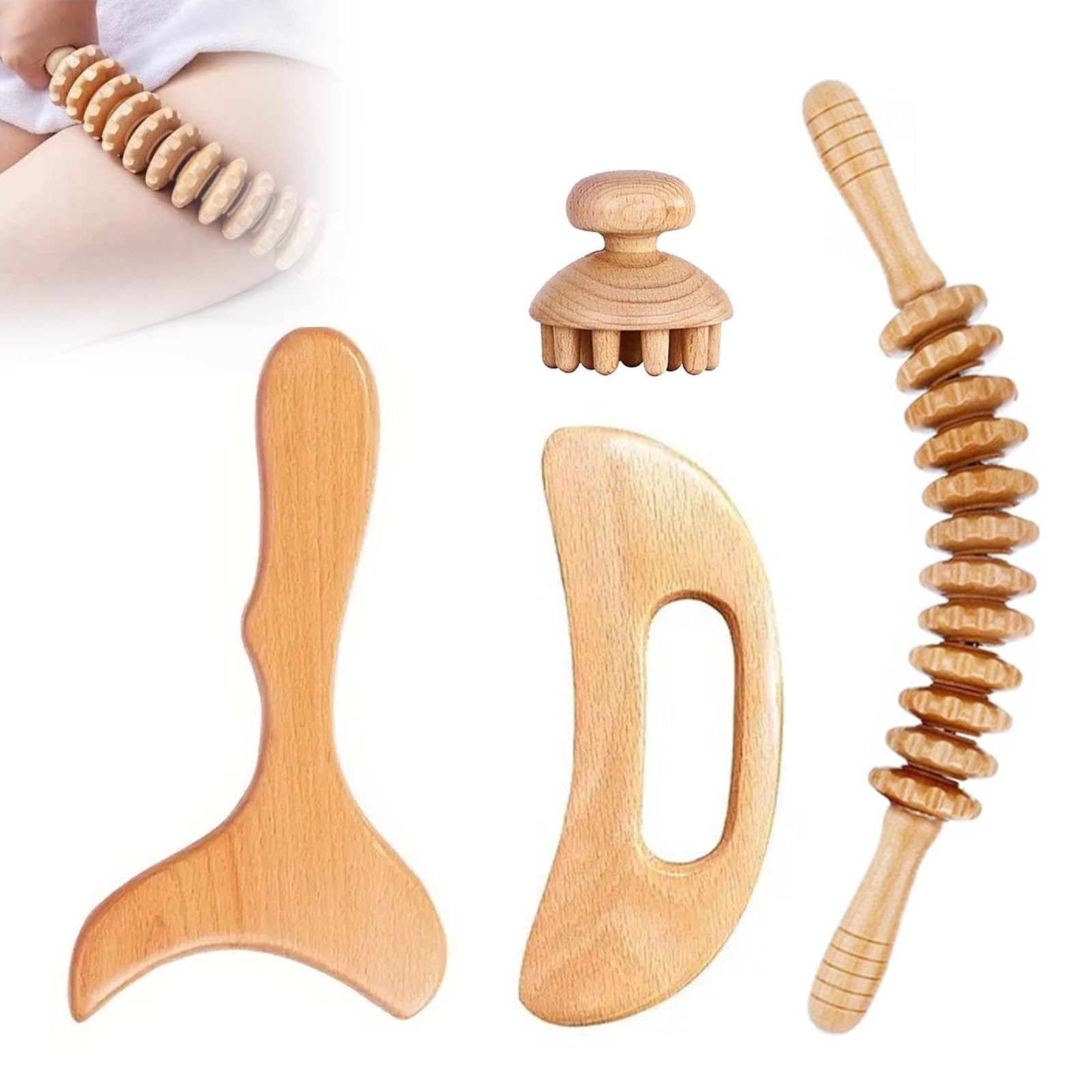 Maderothérapie Kit Complet Cellulite 4 Pieces, Professionnelle Massage Thérapeutique en Bois Brosse a Sec Drainage Lymphatique, Gua Sha, Anti Cellulite pour Soulager la Douleur et Détendre