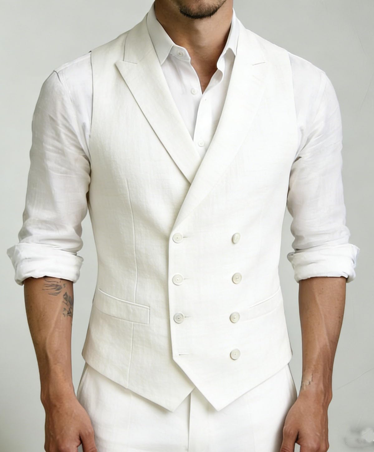 Mens Linen Suit Vest Double-Breasted Business Classic Sleeveless Waistcoat