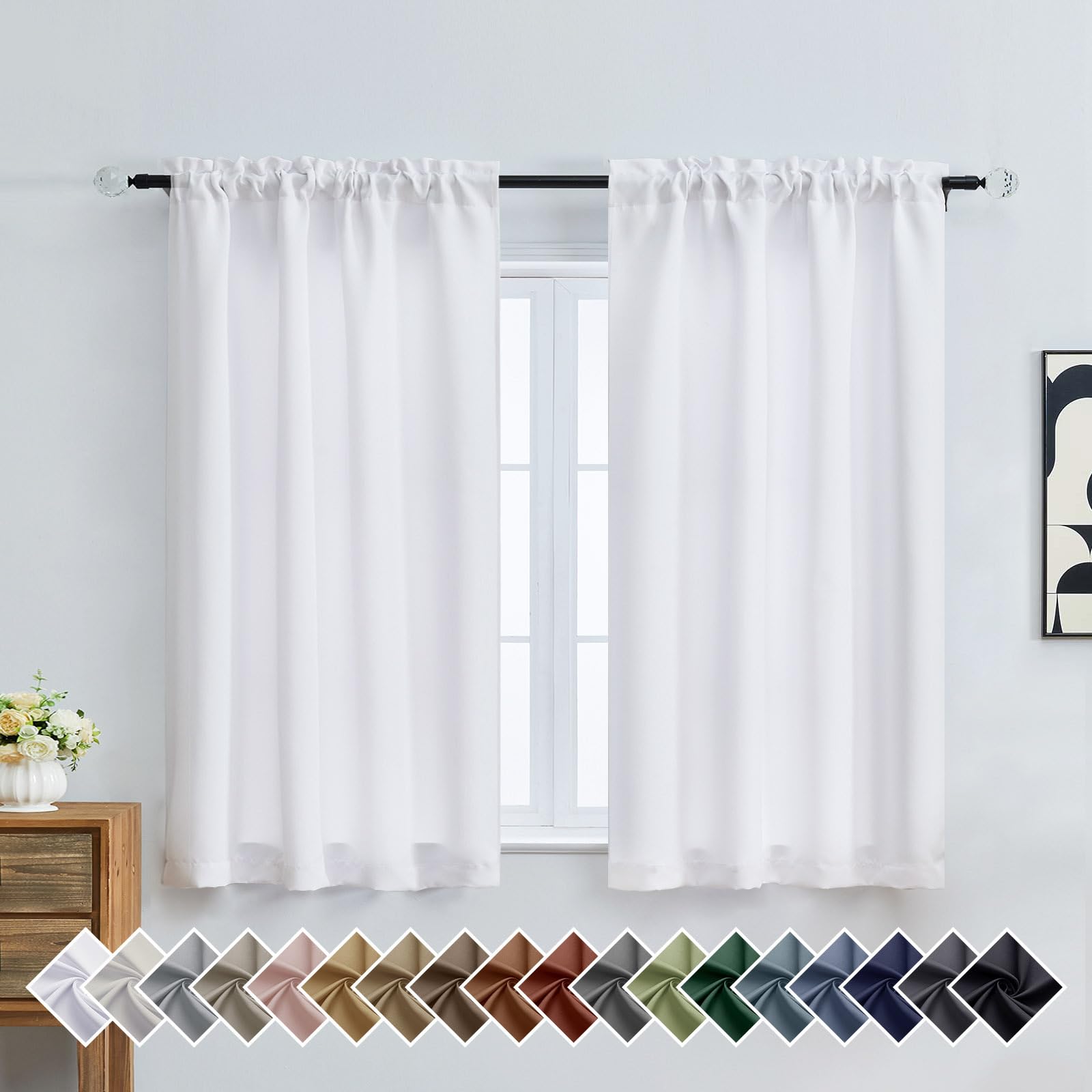 OVZME Pure White Short Curtains for Bedroom 54 Inch Length 2 Panels Set, Light Filtering Thermal Insulated Soft Window Curtains, Dual Rod Pocket Drapes for Living Room, 2x40Wx54L Inches