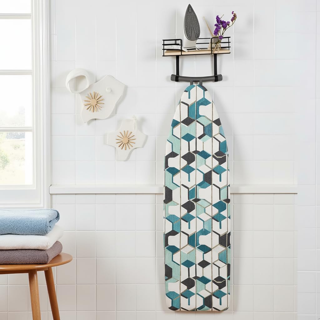 Soporte de pared para tabla de planchar, colgador de metal para tabla de planchar con estante, soporte para accesorios de lavandería, soporte para tabla de planchar y planchar en la pared 5