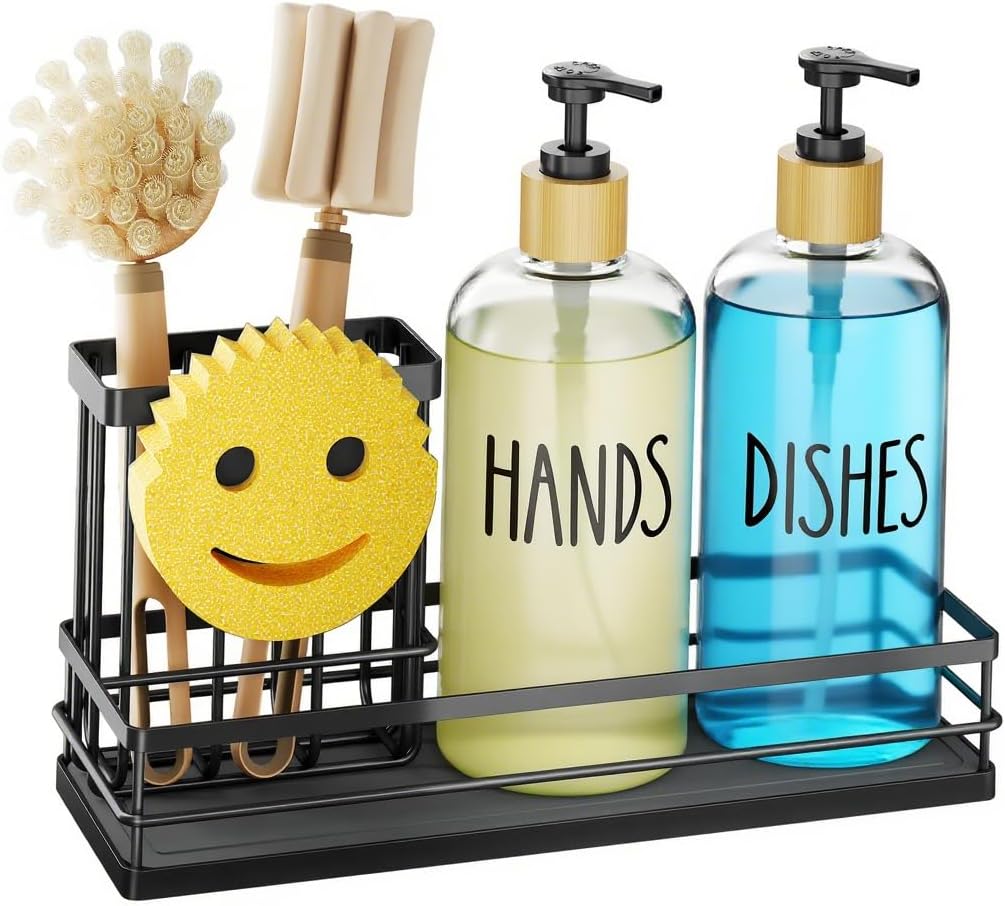 Moforoco Kitchen Dish Soap Dispenser Set, 16OZ Glass Bottle, Hand and Dish Soap Dispenser Set, Instant Dry Tray, Non-Slip Silicone Pad, Brush Holder with Sponge Holder, Kitchen Decor?Clear Bottle? Black Tray & Clear Bottle