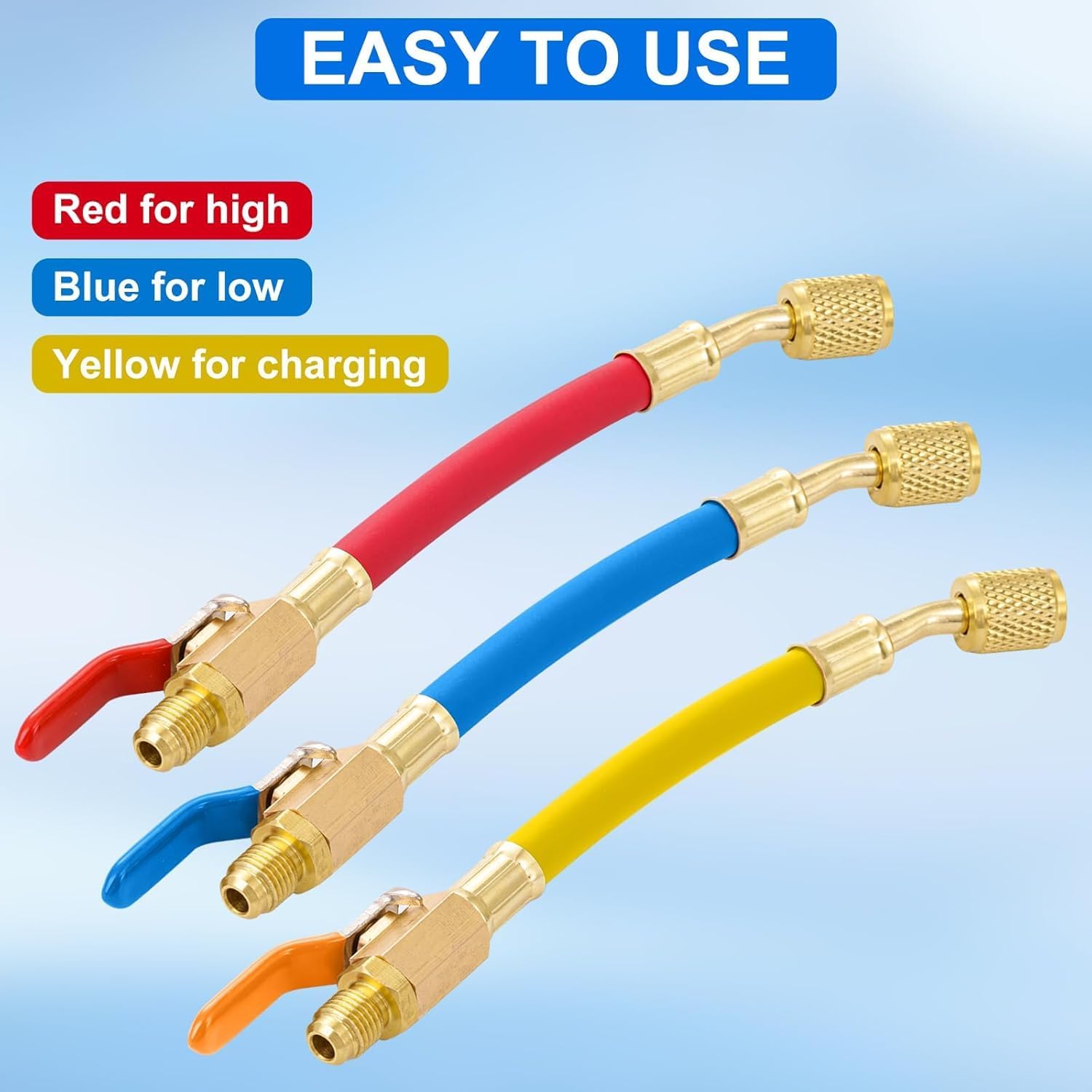R134A R410A R22 R12 AC Charging Hoses, 7" Length Charging Hose Ball Valves, 3 Colored Coded Hose, HVAC Ball Valve Hoses Red and Blue 1/4 Male x 5/16 Female,Yellow 1/4 Male and Female