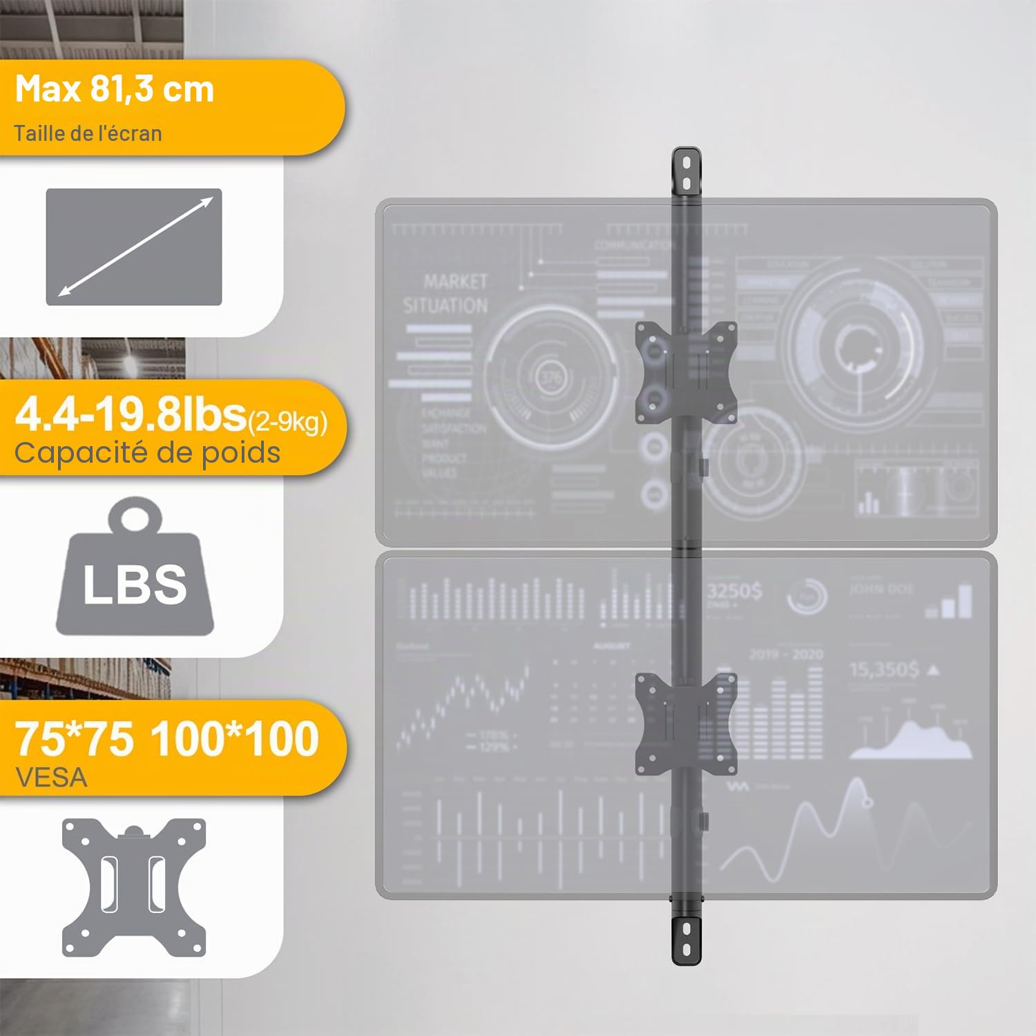 Support Mural pour moniteurs de 17" - 32" jusqu'à 9KG, Support Mural Double Moniteur entièrement réglable, VESA75/100mm, Noir