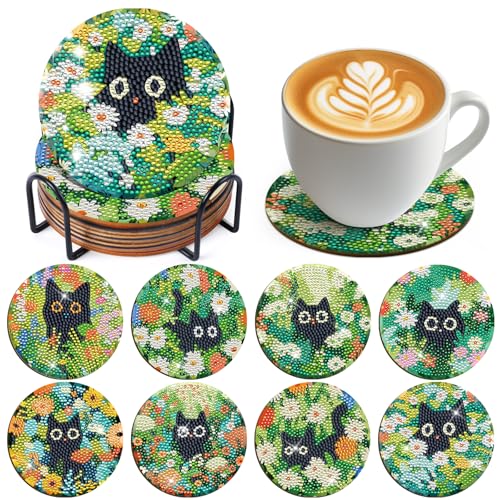 Nymora 8 Pcs Cat Diamond Painting Coasters Kit with Holder, Personalisiertes Diamond Painting Katze Untersetzer, DIY Craft Gift for Women, Teens and Beginners