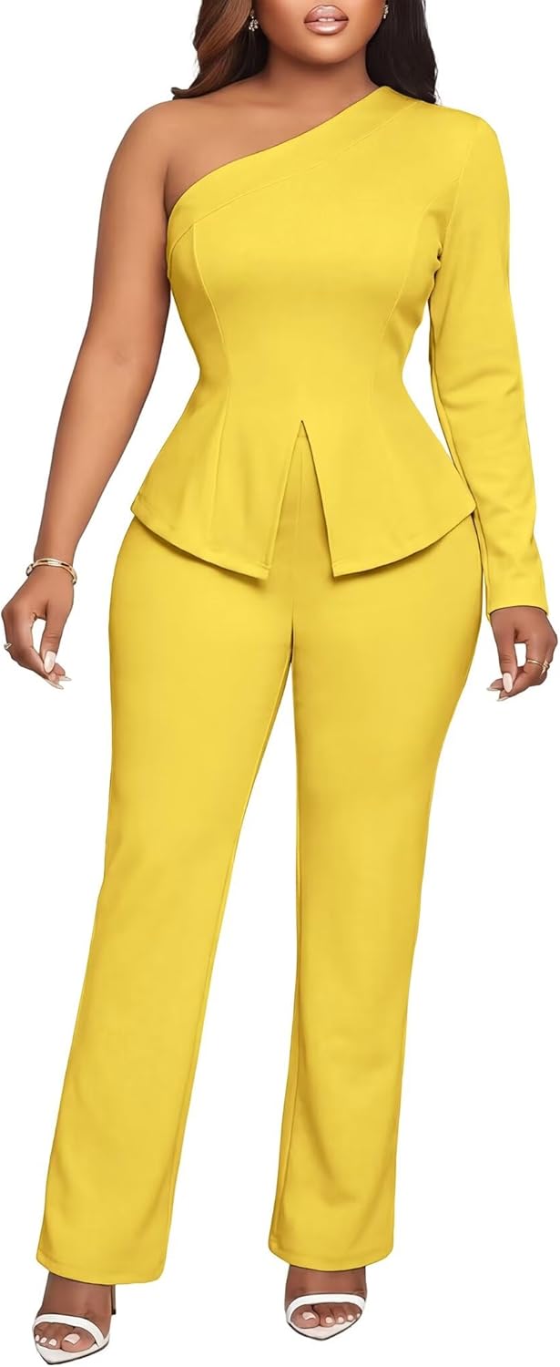 Aro Lora Womens Sexy 2 Piece Outfits One Shoulder Long Sleeve Slit Top and Pant Set Dressy Pantsuits