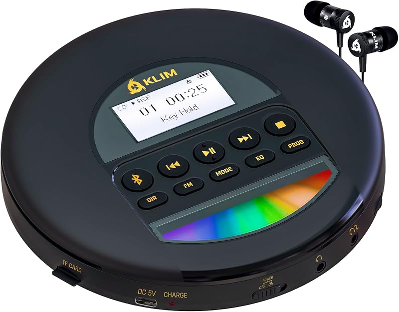 KLIM Nomad Hordozható CD Lejátszó Bluetooth - Hosszú Üzemidejű Akkumulátor, Fejhallgatóval, CD-R/RW/MP3 Támogatás, TF Kártyaolvasó, FM Rádió