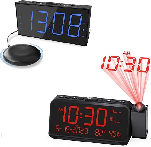 Roxicosly Reloj despertador de proyección dígitos blancos proyección roja+despertador súper fuerte con agitador de cama 2 unids