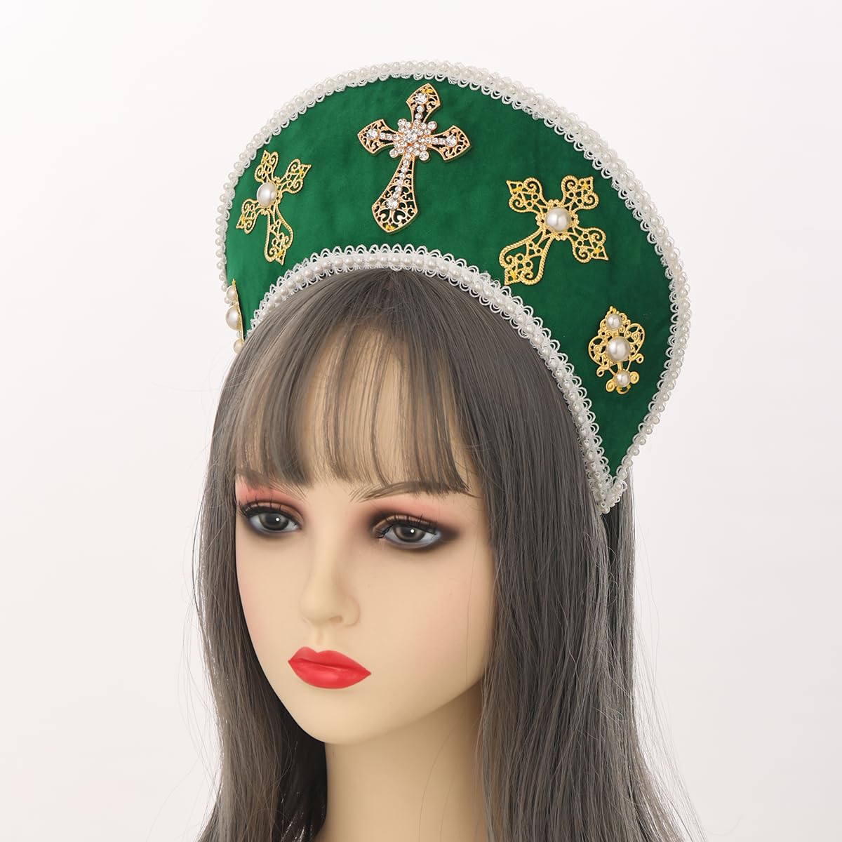 BPURB Tudor Queen Coronet Hooded Hat for Women Anne Boleyn Hat Headwear Elizabethan Headwear French Royal Headband for Cosplay Party Green - Image 4
