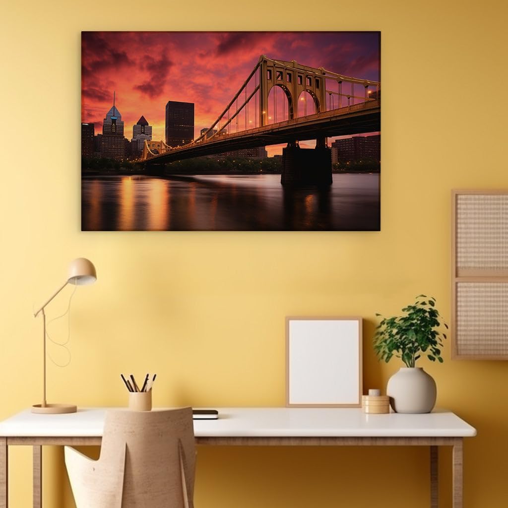Canvas for Living room. Illuminating the Urban Canvas: A Sunset Symphony Over the City Skyline, 27 x 18 inch Canvas Wall Art - Ready to Hang