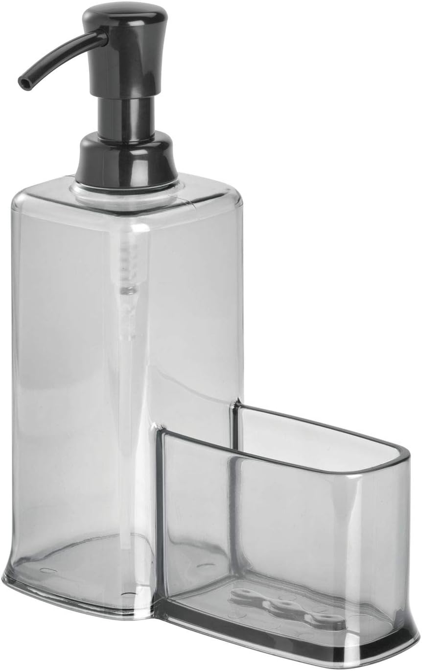 iDesign Vella Plastic Pump with Caddy Soap Dispenser with Storage Compartment for Bathroom, Kitchen Countertops, Smoke