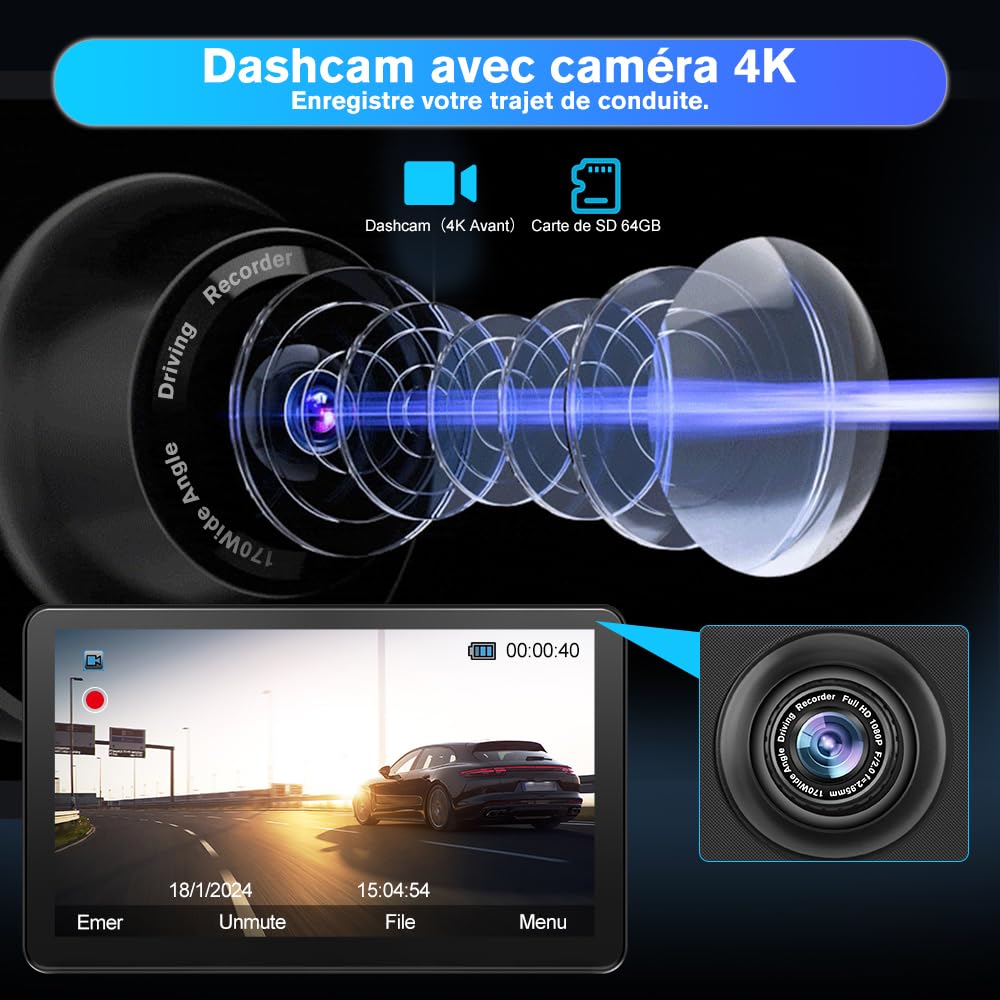 Écran Tactile 9" CarPlay & Android Auto sans Fil avec Dashcam 4K + Caméra Arrière, GPS, Bluetooth, FM, AUX, Lien Miroir, Carte TF 64G