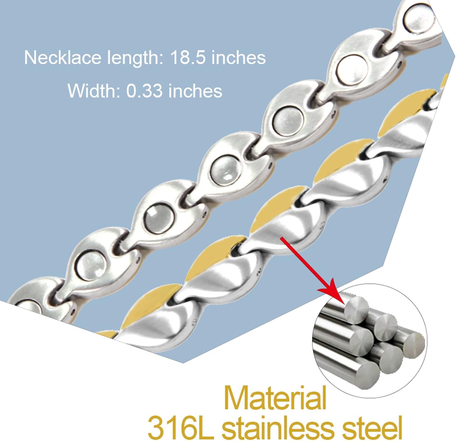 KYOSI Magnetic Necklace for Women 3500 Gauss Strength Magnet Jewelry Stainless Steel Chain (Silver&Gold) - Image 2