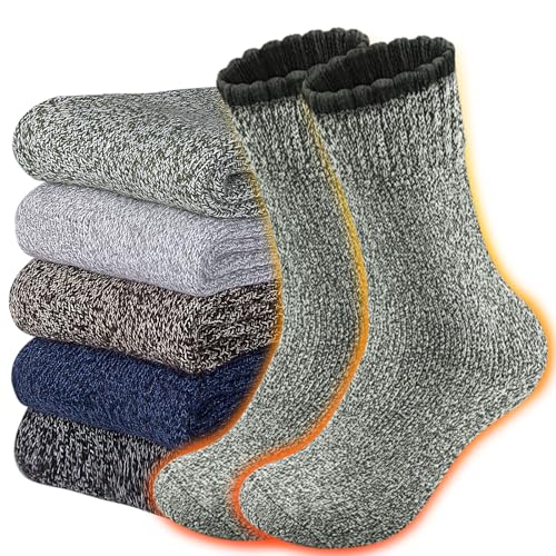 Reamphy Men's Wool Socks 5 Pack Thermal Socks for Winter Soft Cozy Crew Socks for Hiking Cold Weather Thick Boot Socks Size 7-13
