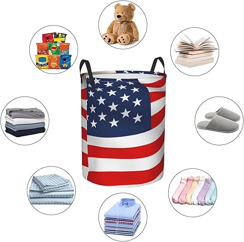 Miniatura 5 de Caja organizadora redonda de almacenamiento impermeable con bandera estadounidense patriótica con asa adecuada para dormitorio libros juguete pequeño