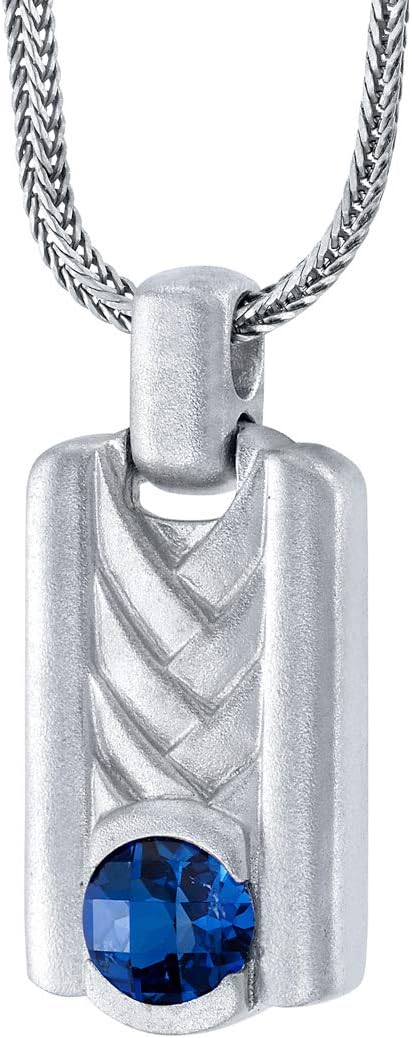 PEORA Created Blue Sapphire Chevron Pendant Necklace for Men in Sterling Silver, Round Shape, Brushed Finished, with 22-Inch Italian Chain, Blue Sapphire Men's Necklace, September Birthstone Gift
