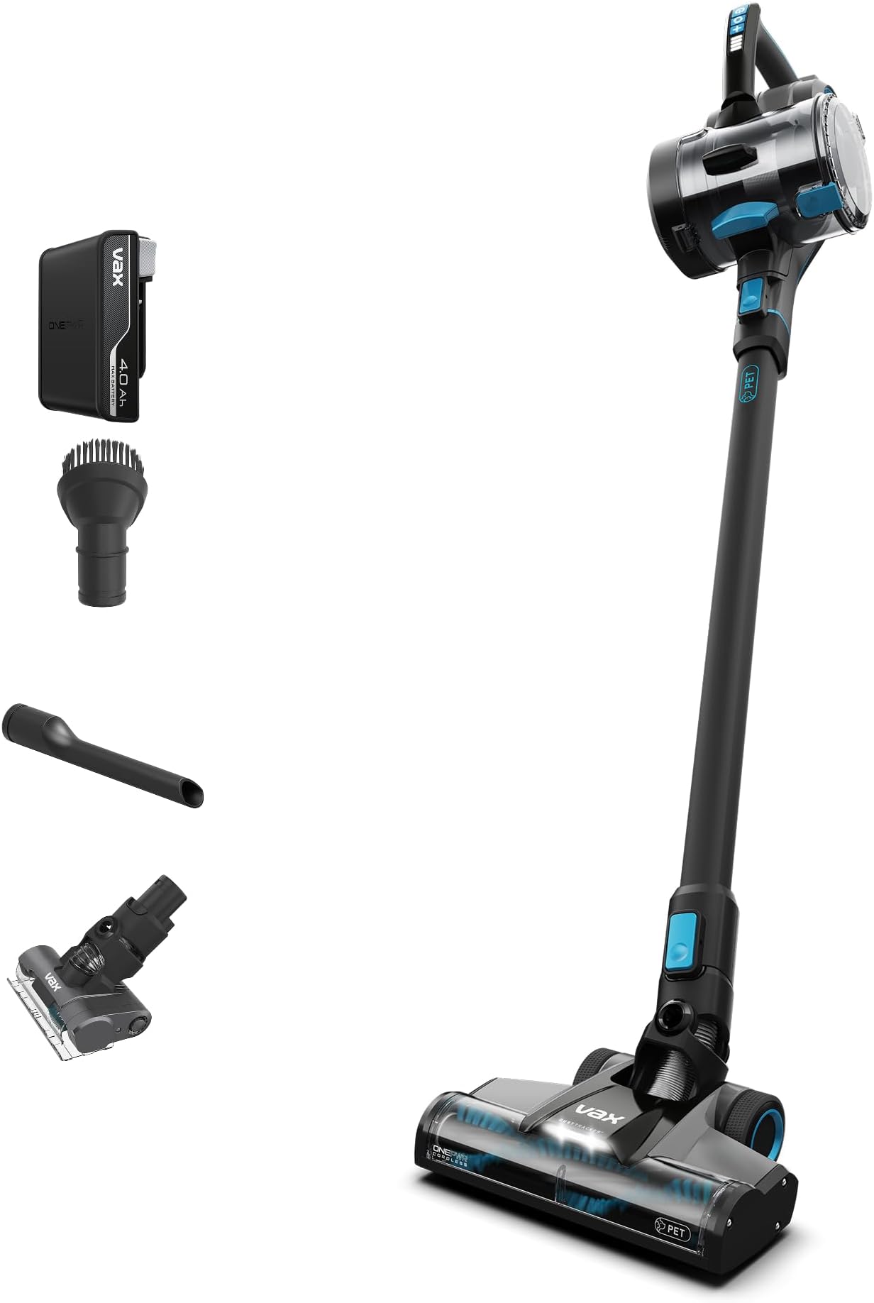 Vax 1-1-142312 ONEPWR Blade 4 Pet Cordless Vacuum Cleaner with Motorised Pet Tool – CLSV-B4KP, Graphite/Cyan Blue