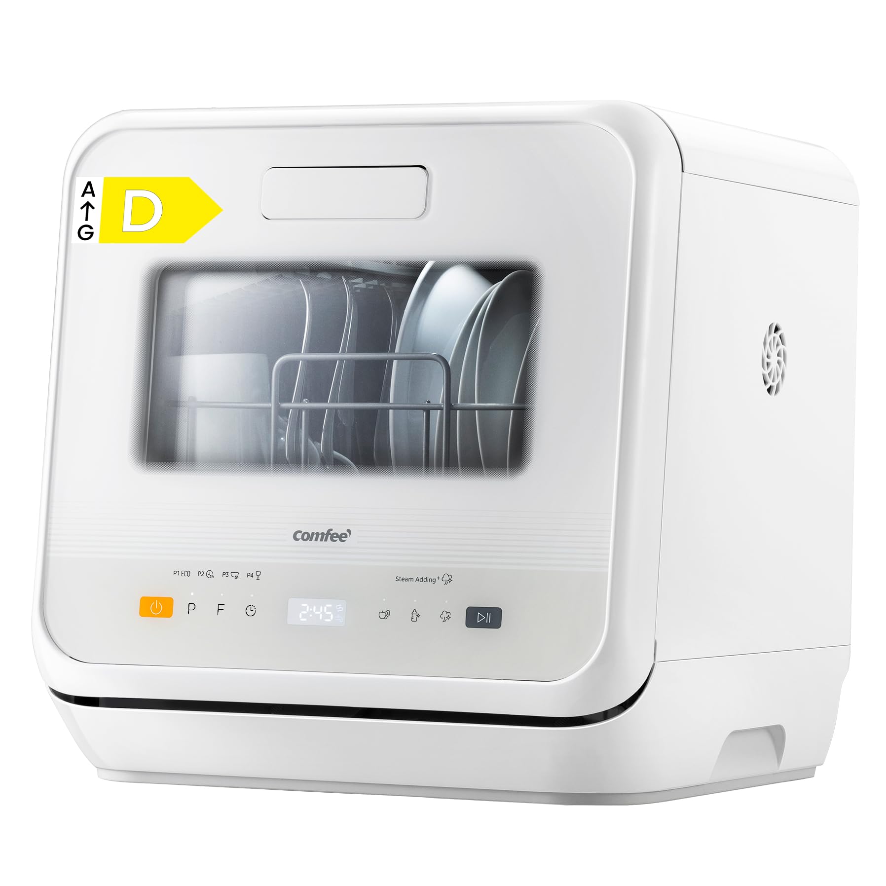 COMFEE' Mini Lavastoviglie CDWMTO201D(W) Piccola lavastoviglie da tavolo con serbatoio dell'acqua integrato da 5 l, lavaggio a vapore, stoccaggio ventilato, classe energetica D - Bianco