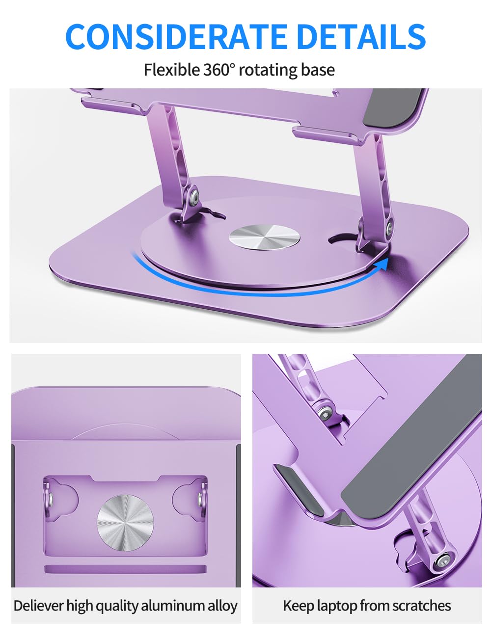 AOEVI Supporto regolabile per laptop con base rotante a 360, Riser pieghevole per computer portatile per scrivania compatibile con MacBook Pro/Air Notebook fino a 16 pollici, viola