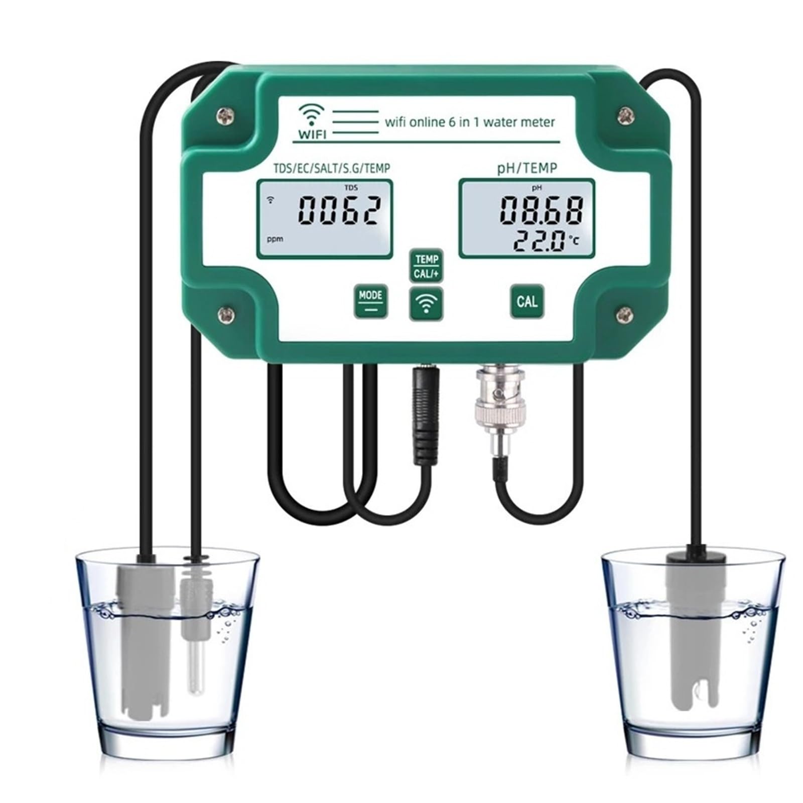 Misuratore PH, Misuratore di qualità acqua WiFi digitale PH EC TDS SALT SG.Temp, monitor intelligente multifunzione 6 in 1, controllo tramite APP