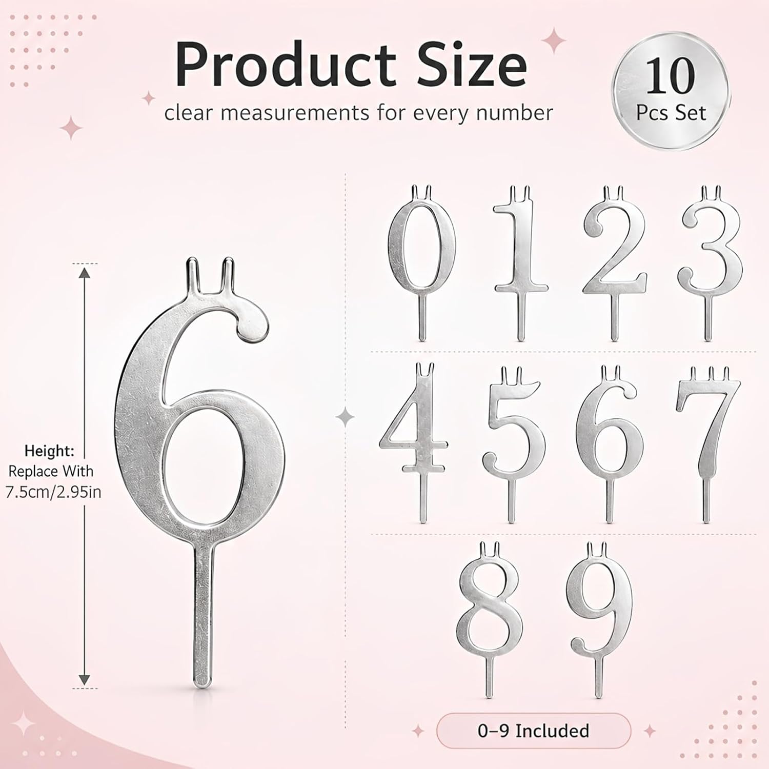 10 Pcs Reusable Number Candle Holders for Birthday Cake Decorations(Silver)