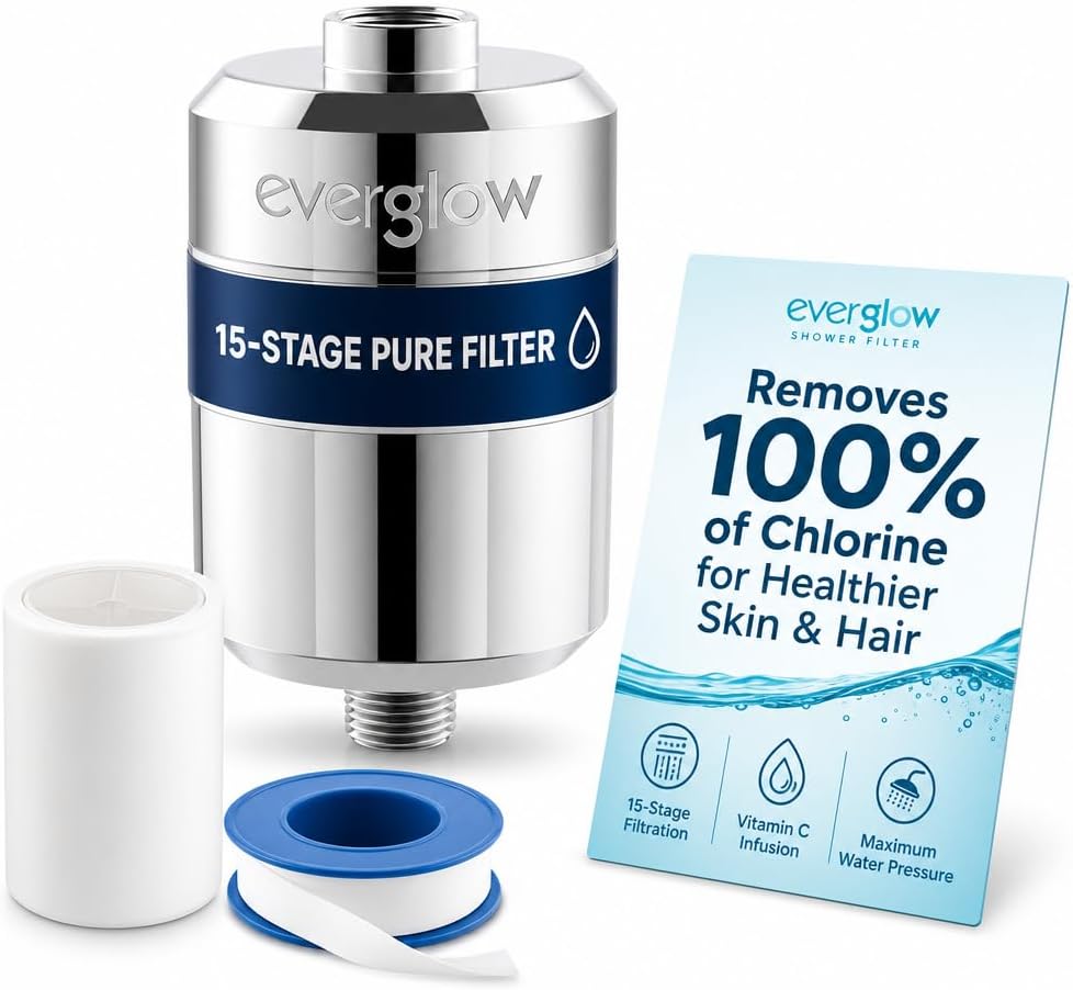 Everglow 15-Stage High Output Shower Filter Head for Hard Water | Water Softener System Helps Improve Hair, Skin, Nails, Vitamin C Infused for Eczema, Dandruff, 100% Chlorine Removal