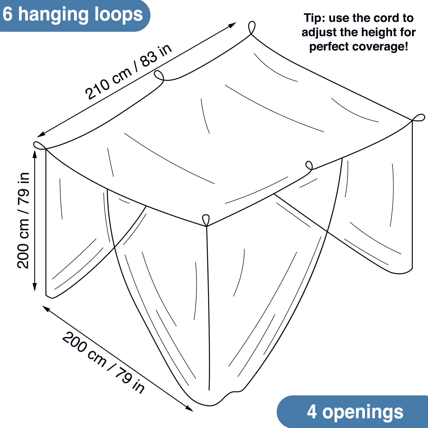 Zanzariera per Letto Doppio Bianco - 6 Anelli di Aggancio & 4 Aperture Laterali – Kit per Sospensione Tettoia Letto & Borsa di Trasporto Inclusa – Forma Rettangolare Decorativa per Casa & Viaggio