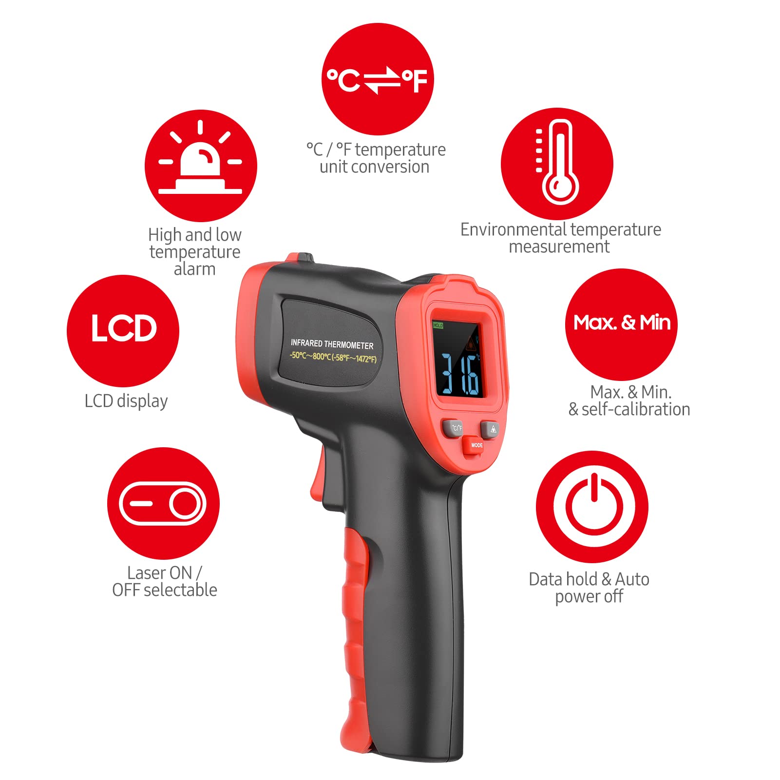 -50℃~800℃ /-58℉~1472℉ Termometro a infrarossi a schermo colorato, tester di temperatura digitale senza contatto, temperatura pirometro per cucinare in cucina, barbecue,